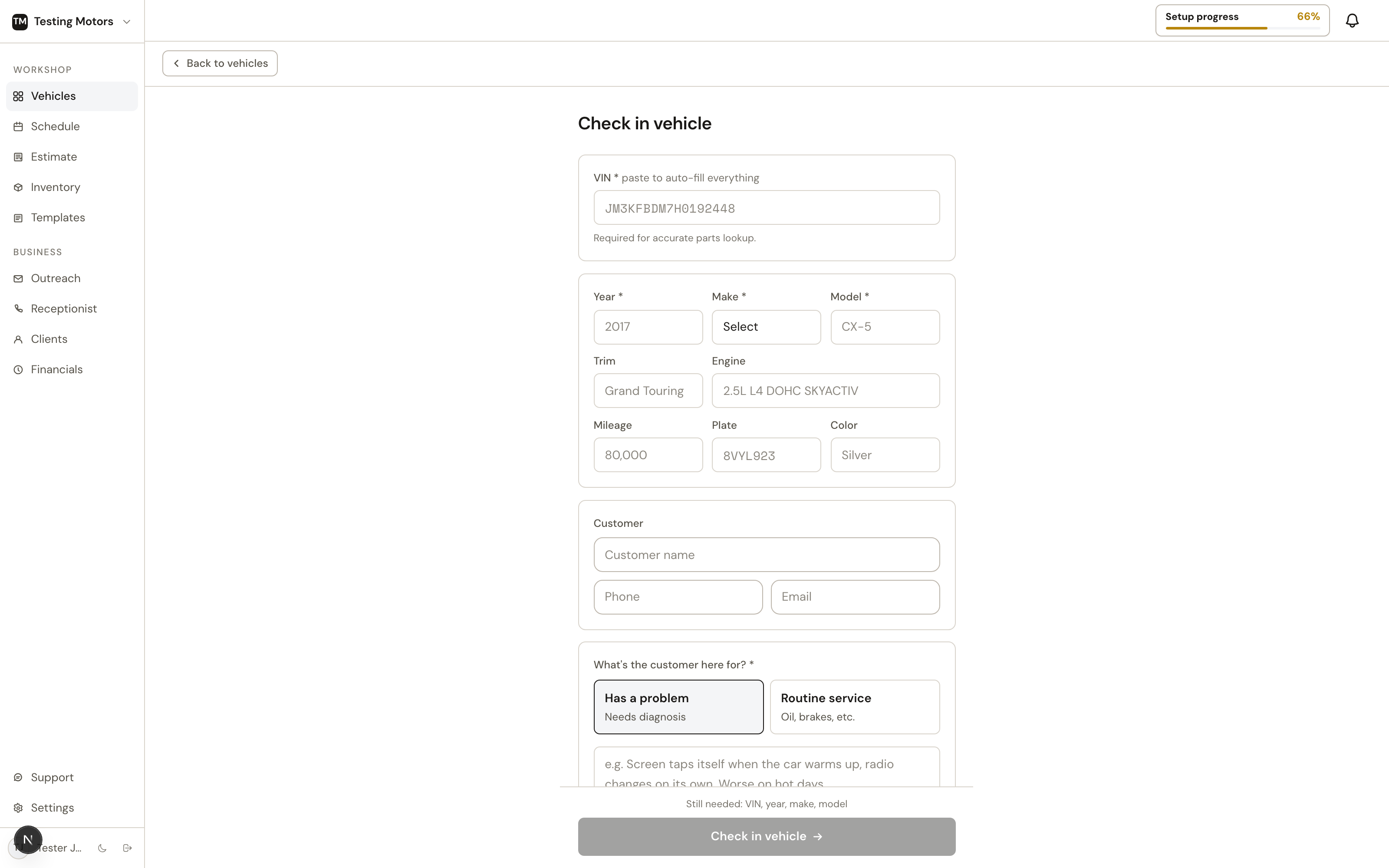 The check-in form: paste a VIN and the vehicle details fill themselves in.
