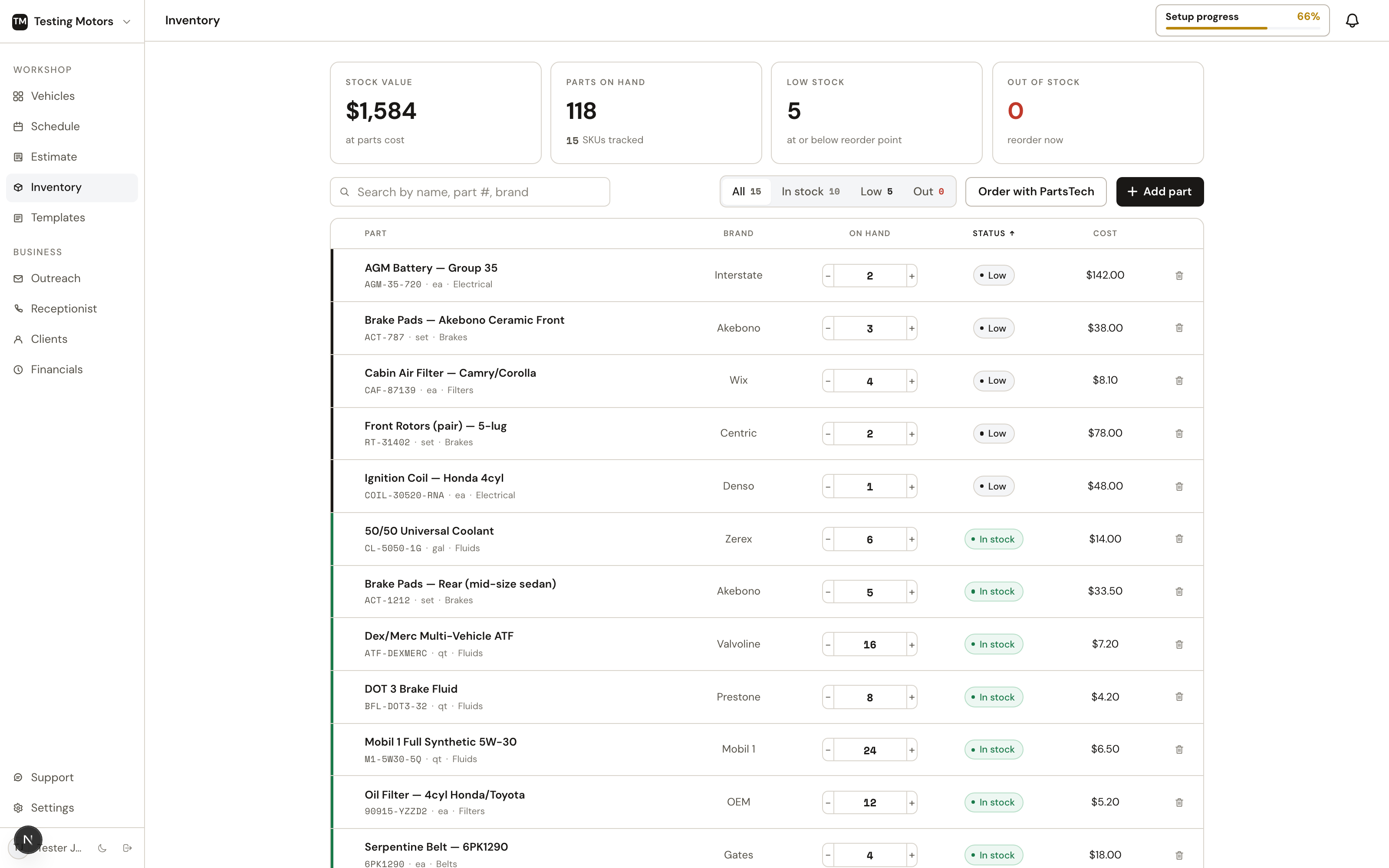 Inventory: stock value, low-stock alerts, and one-click restocking through PartsTech.