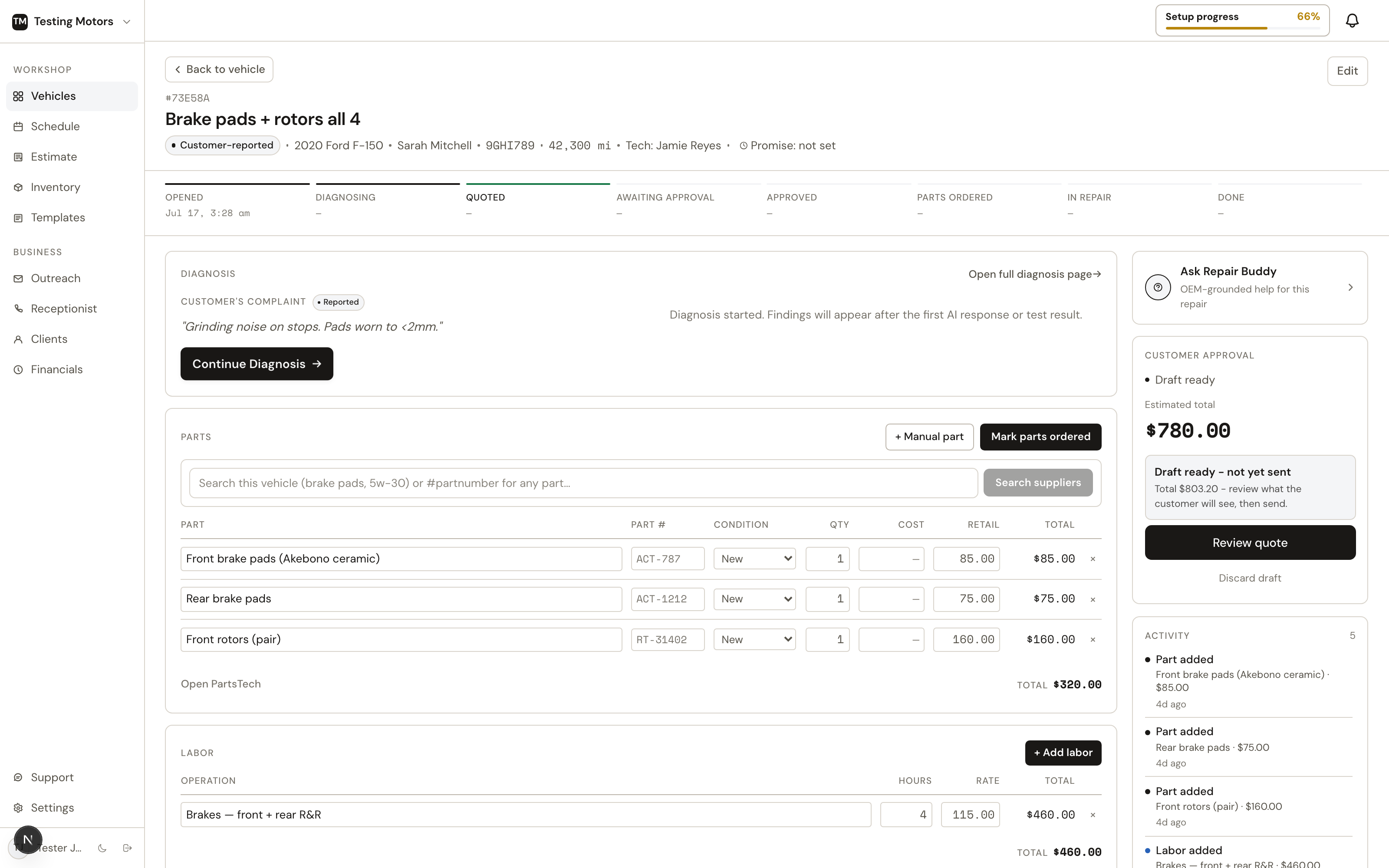 The issue workspace: complaint and diagnosis on top, then parts and labor line items with live totals.