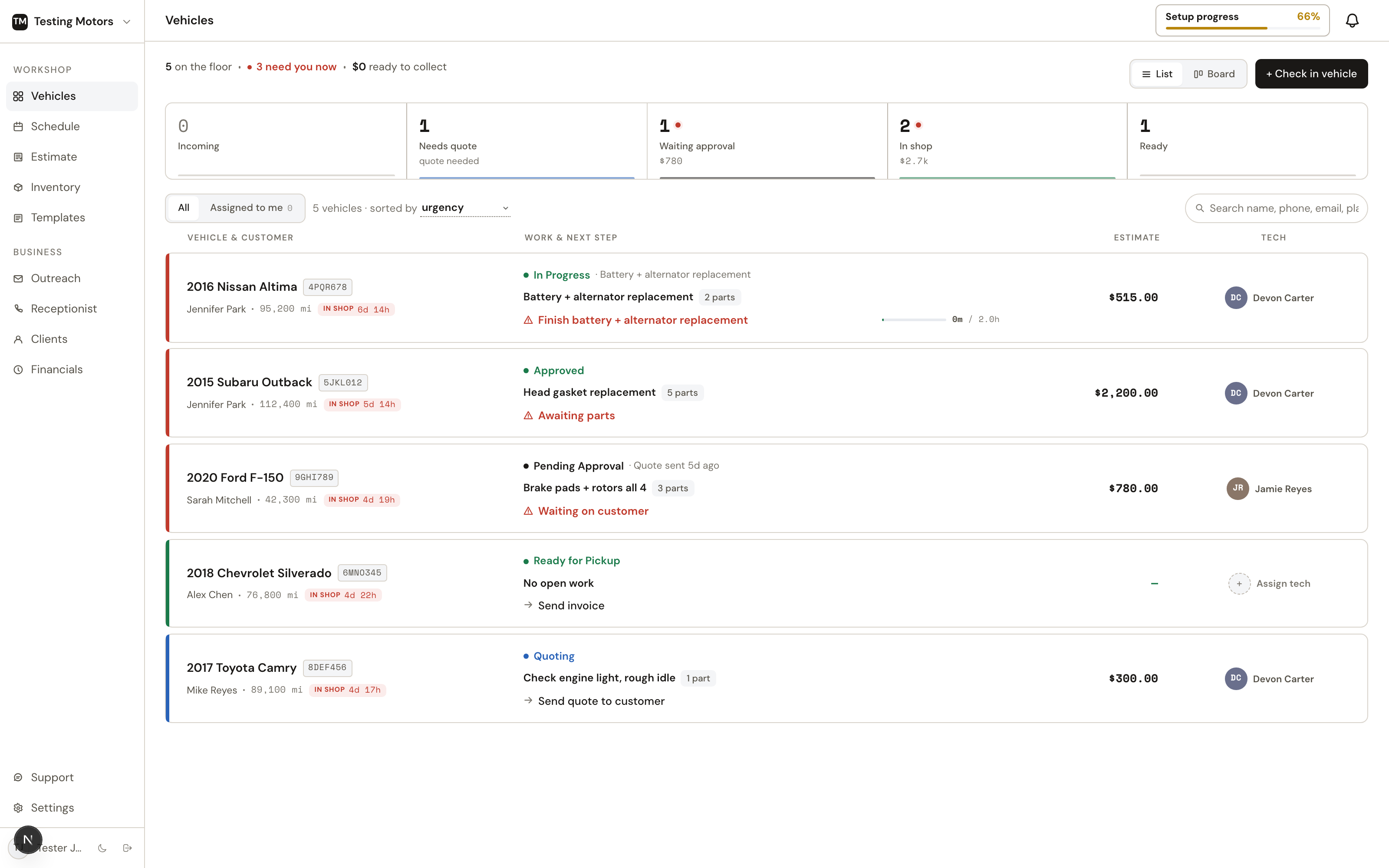 List view: the pipeline snapshot bar on top, then every car with its work, next step, estimate, and tech.