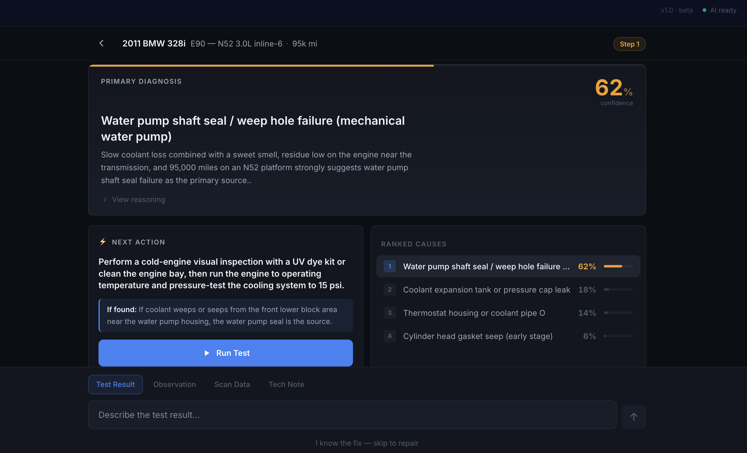 CarSignal AI diagnosis interface showing ranked causes with confidence scores